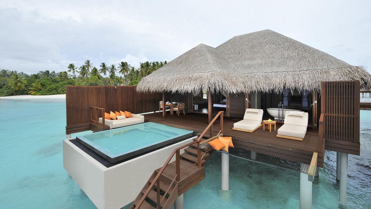 Wallpaper house, ocean, island, palm, maldives, pool, jacuzzi, sofas, cushions, interior