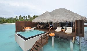 Preview wallpaper house, ocean, island, palm, maldives, pool, jacuzzi, sofas, cushions, interior