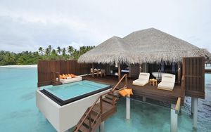 Preview wallpaper house, ocean, island, palm, maldives, pool, jacuzzi, sofas, cushions, interior