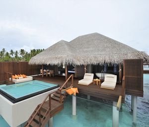 Preview wallpaper house, ocean, island, palm, maldives, pool, jacuzzi, sofas, cushions, interior