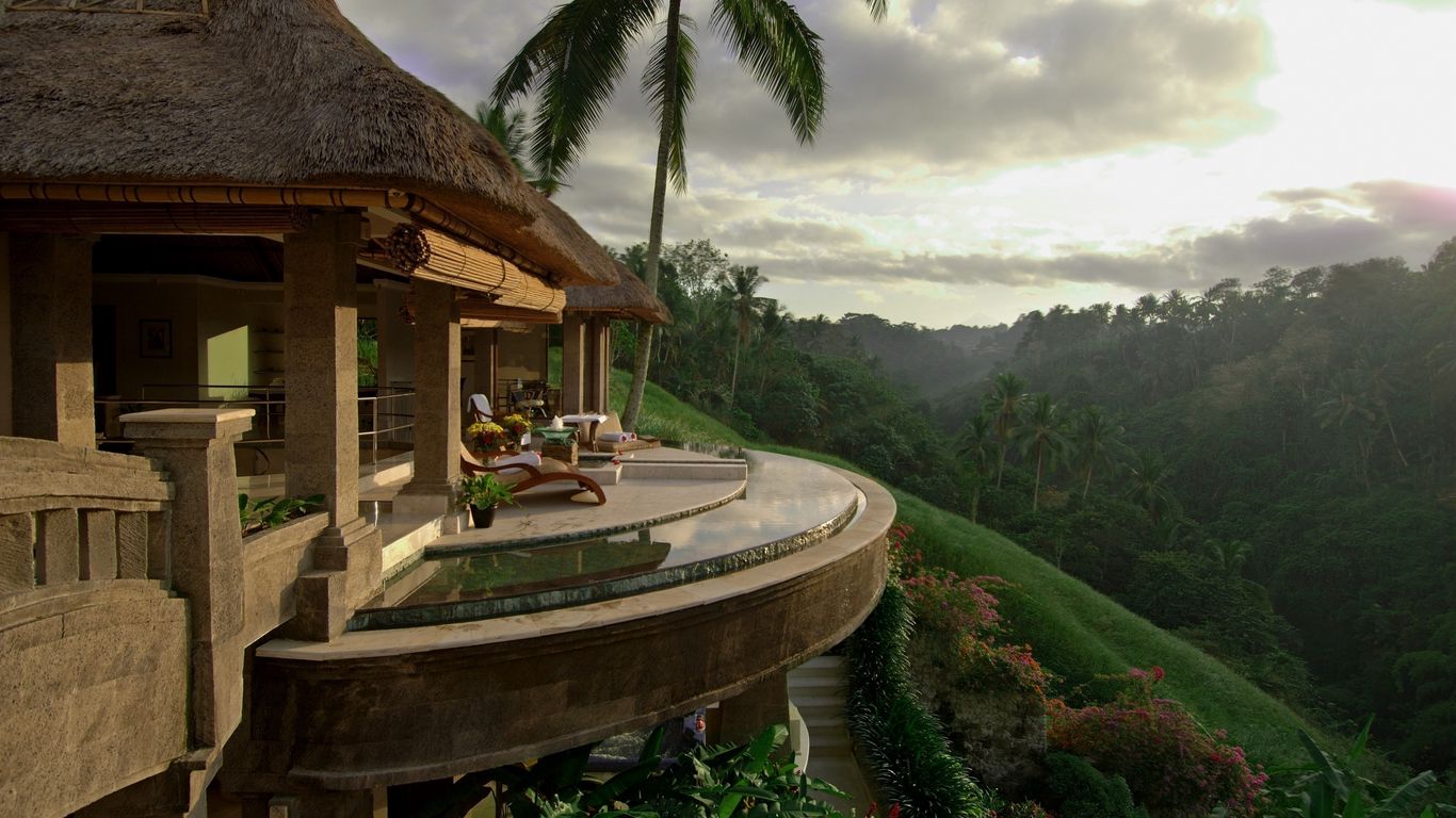 1366x768 Wallpaper house, paradise, beautiful, palm trees, balcony, nature