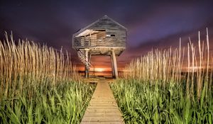 Preview wallpaper house, path, grass, sunset, stairs