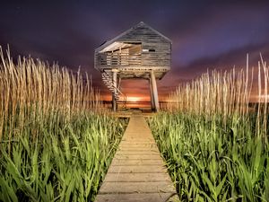 Preview wallpaper house, path, grass, sunset, stairs