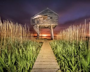 Preview wallpaper house, path, grass, sunset, stairs