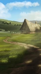 Preview wallpaper house, path, hills, nature, art