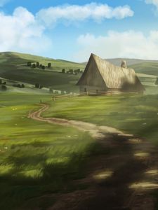 Preview wallpaper house, path, hills, nature, art