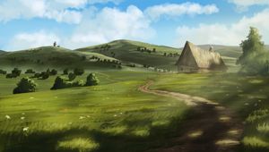 Preview wallpaper house, path, hills, nature, art