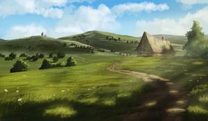 Preview wallpaper house, path, hills, nature, art