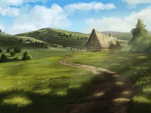 Preview wallpaper house, path, hills, nature, art