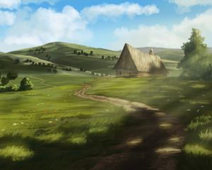 Preview wallpaper house, path, hills, nature, art