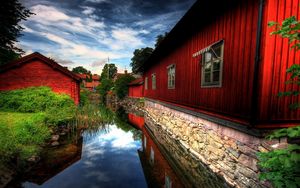 Preview wallpaper house, red, river, grass, summer