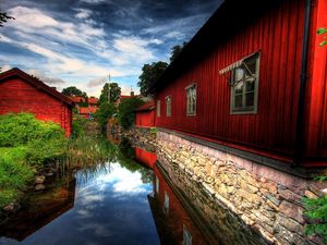 Preview wallpaper house, red, river, grass, summer