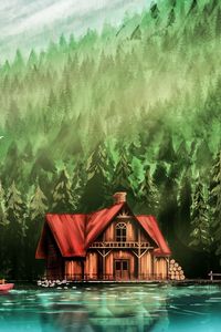 Preview wallpaper house, river, forest, art