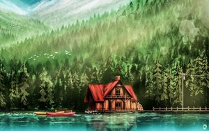 Preview wallpaper house, river, forest, art