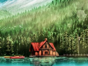 Preview wallpaper house, river, forest, art