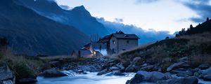 Preview wallpaper house, river, mountains, stones, water, nature