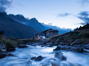 Preview wallpaper house, river, mountains, stones, water, nature