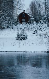 Preview wallpaper house, river, shore, snow, winter