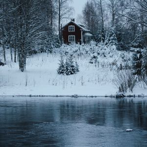 Preview wallpaper house, river, shore, snow, winter
