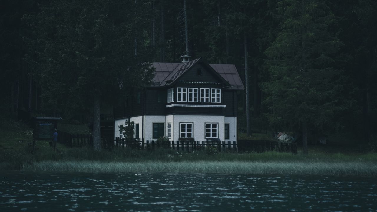 Wallpaper house, river, trees, forest, gloomy, solitude, silence