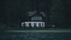 Preview wallpaper house, river, trees, forest, gloomy, solitude, silence