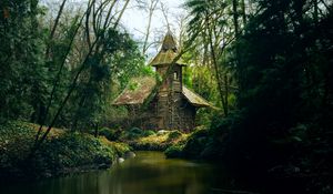 Preview wallpaper house, river, trees, branches, forest