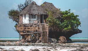 Preview wallpaper house, rock, beach, coast, ocean