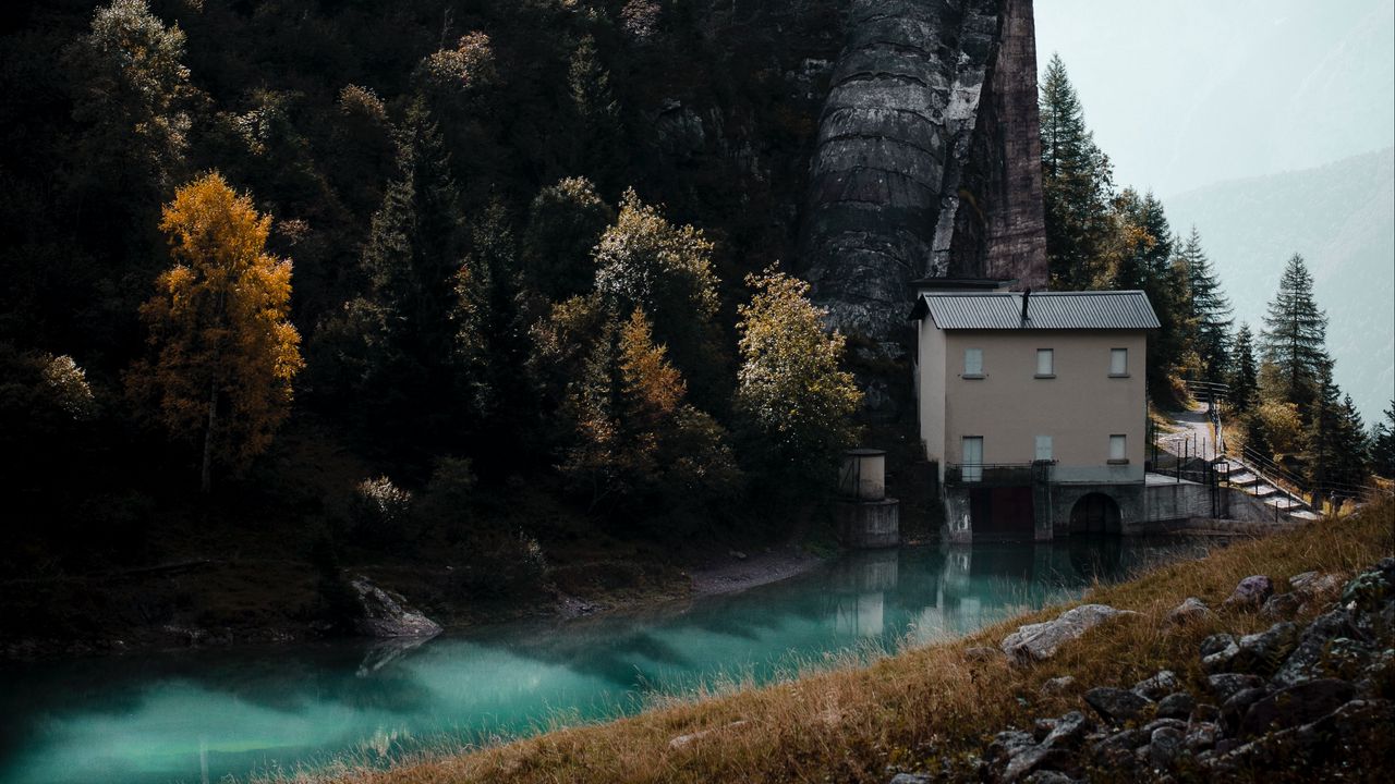 Wallpaper house, rock, river, nature