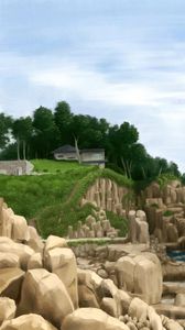 Preview wallpaper house, rocks, cliff, trees, path, art