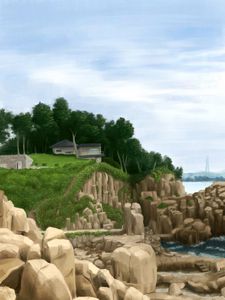 Preview wallpaper house, rocks, cliff, trees, path, art