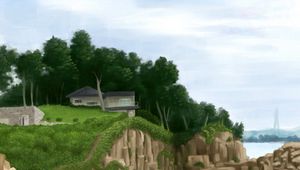 Preview wallpaper house, rocks, cliff, trees, path, art