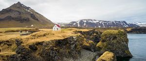 Preview wallpaper house, rocks, island, nature, solitude