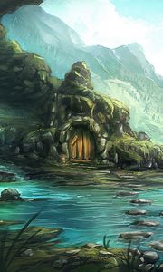 Preview wallpaper house, rocks, stones, river, mountains, fantasy, art