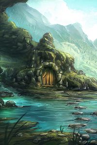 Preview wallpaper house, rocks, stones, river, mountains, fantasy, art