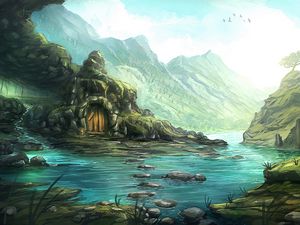 Preview wallpaper house, rocks, stones, river, mountains, fantasy, art