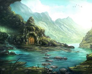 Preview wallpaper house, rocks, stones, river, mountains, fantasy, art