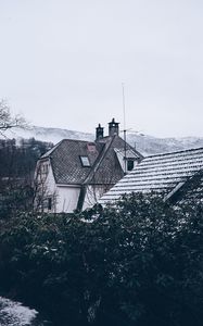 Preview wallpaper house, roof, snow, trees, mountains, winter