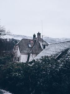 Preview wallpaper house, roof, snow, trees, mountains, winter