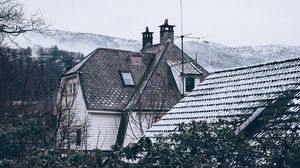 Preview wallpaper house, roof, snow, trees, mountains, winter