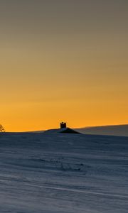 Preview wallpaper house, roof, snow, field, sunset, dusk, winter