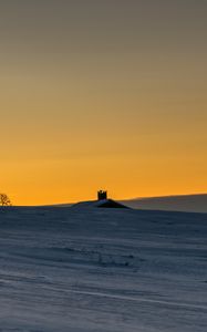 Preview wallpaper house, roof, snow, field, sunset, dusk, winter