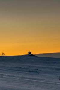 Preview wallpaper house, roof, snow, field, sunset, dusk, winter