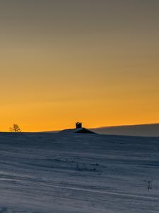 Preview wallpaper house, roof, snow, field, sunset, dusk, winter