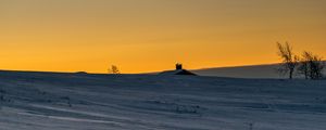 Preview wallpaper house, roof, snow, field, sunset, dusk, winter