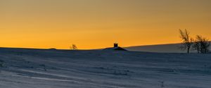 Preview wallpaper house, roof, snow, field, sunset, dusk, winter