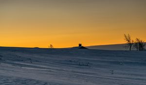 Preview wallpaper house, roof, snow, field, sunset, dusk, winter