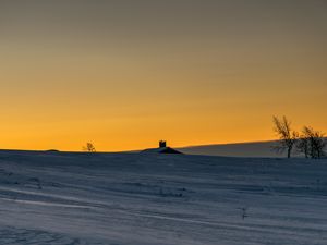 Preview wallpaper house, roof, snow, field, sunset, dusk, winter