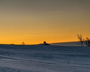 Preview wallpaper house, roof, snow, field, sunset, dusk, winter