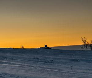 Preview wallpaper house, roof, snow, field, sunset, dusk, winter