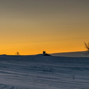 Preview wallpaper house, roof, snow, field, sunset, dusk, winter